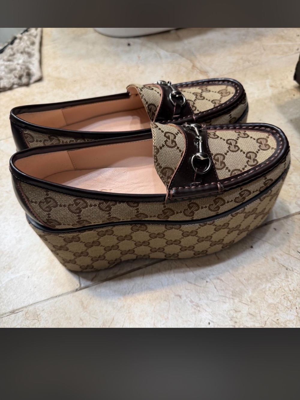 Gucci Brown GG Canvas Platform Loafers with Horsebit